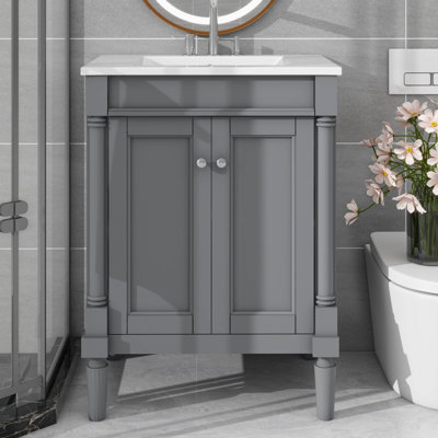 Meuble-lavabo de 24 po avec lavabo supérieur en céramique, grande armoire de rangement moderne à 2 niveaux, portes à fermeture douce, panneau de fibres à densité moyenne durable et structure en bois massif