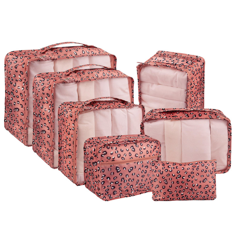7 Set Travel Packing Organizers Cubes Luggage Suitcase Organizer Bags Clothes Underwear Cube Shoe Pouch Pack Pink Leopard
