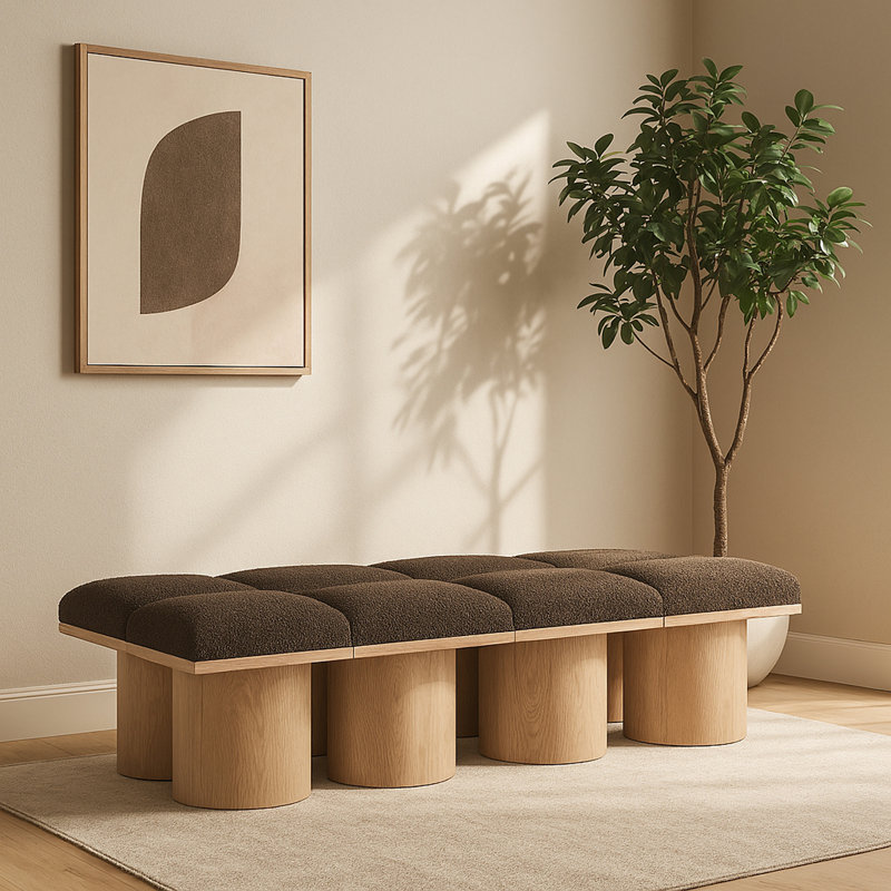 Banc rembourré Horatia, Tissu brun bouclé, Naturel, H 17,5 po x l 72 po x P 31 po