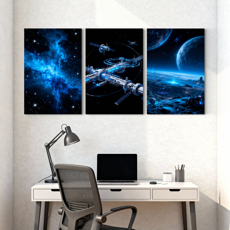 Abstrait station spatiale nébuleuse, planète cosmos, étoiles galaxies, ensemble de 3 impressions sur toile, H 18 po x l 36 po