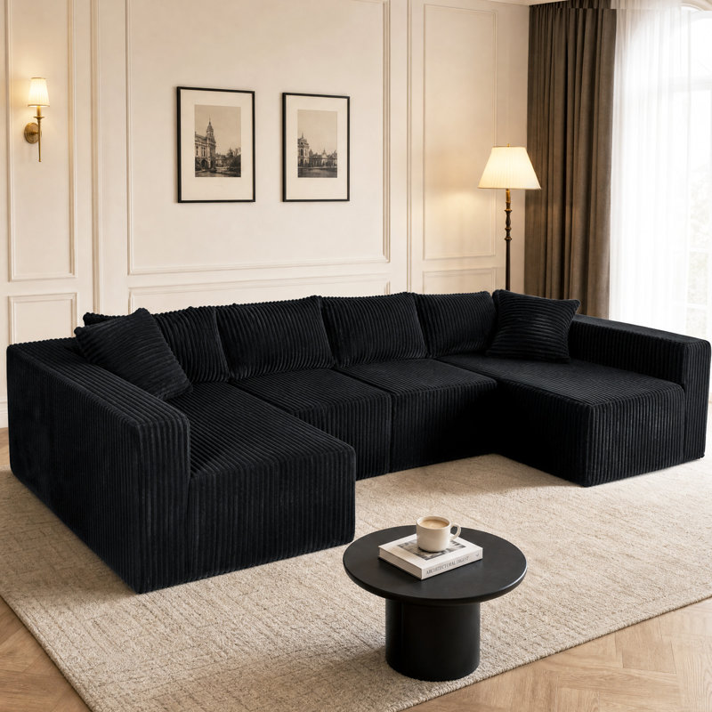 Canapé modulaire moderne modulaire en forme de U de 128 po, canapé modulaire rembourré pour le salon, Black, 128"in