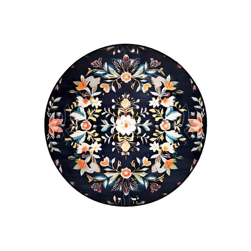 Black Multicolored Floral Detailed Woven Base Modern Decorative Carpet, Round 2'8"