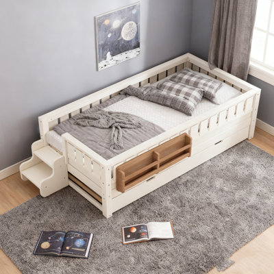 Wood Bed built-in bookshelves and Trundle