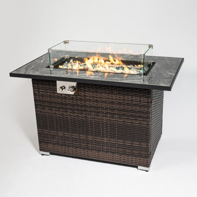 50000Btu Fire Table With Ceramic Tabletop, 44Inch Propane Pit, Rectangular , Lid, Rain Cover, Glass Rocks, Outdoor Tile Top, 50000Btu, Dazzling Dark Brown