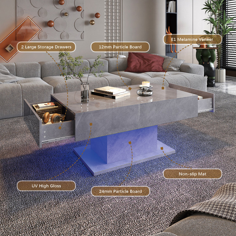 Modern LED Coffee Table High Gloss Living Room Table with 2 Storage Drawers, Gray, 19" H x 21" L x 43.3" W