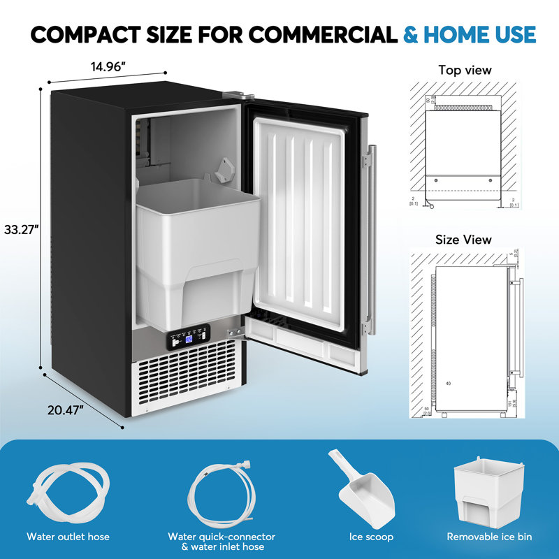  Machine à glaçons commerciale sous le comptoir, nettoyage automatique 90 lb / jour et minuterie 24H, drainage par gravité, machine à glaçons autoportante en acier inoxydable intégrée, bac de 20 lb, idéal pour le commercial et la maison