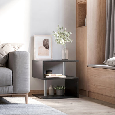 Table d'appoint moderne de 20 po avec rangement, touche noire en forme de S, tablette de rangement à bout renforcé en acier renforcé, conception et fabrication