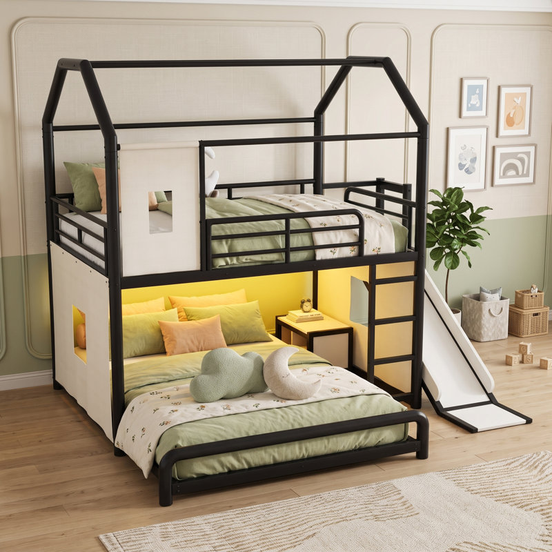 Lit superposé en métal avec glissière, lumière DEL et tablettes, Double sur double, Noir