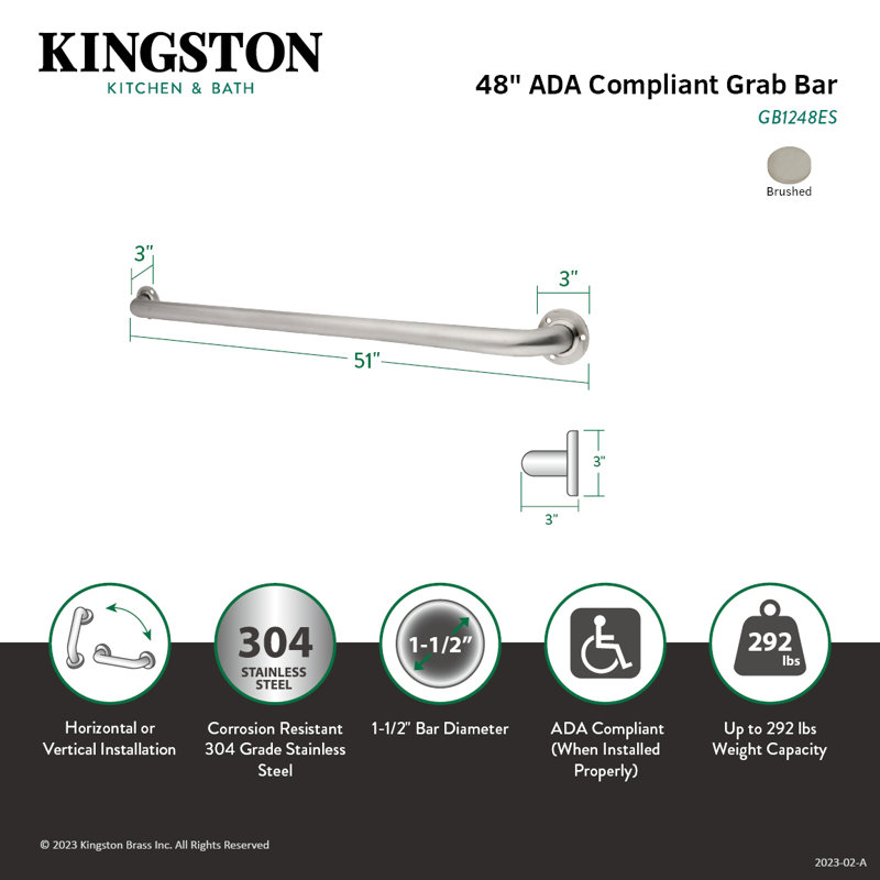 Kingston Brass Made To Match 1-1/2 Inch O.D Grab Bar, 48" W
