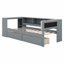 Lit plateforme en bois avec tablettes de rangement, tiroirs, station de charge et tête de lit tapissier-689088478-689088477