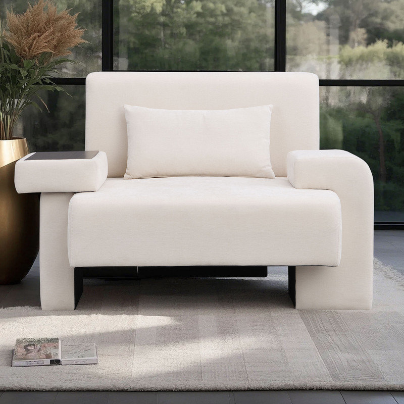 Mid-Century Modern Oversized Armchair with Built-in Table and Hidden Storage, Beige