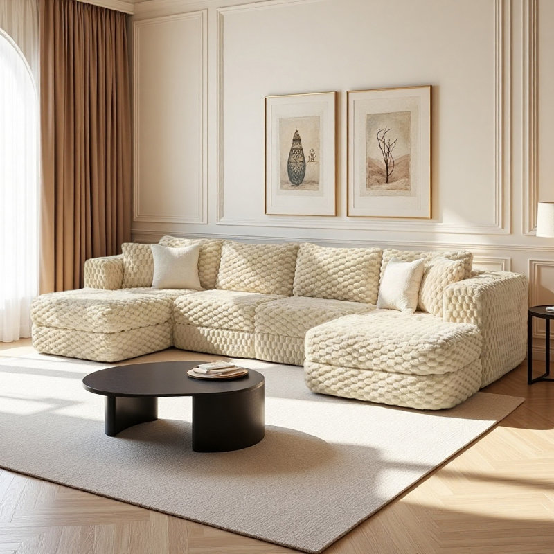 Boneless 135" Oversized 4-Seater Boneless Modular Sectional Sofa with 2 Movable Ottomans and 4 Throw Pillows, Beige