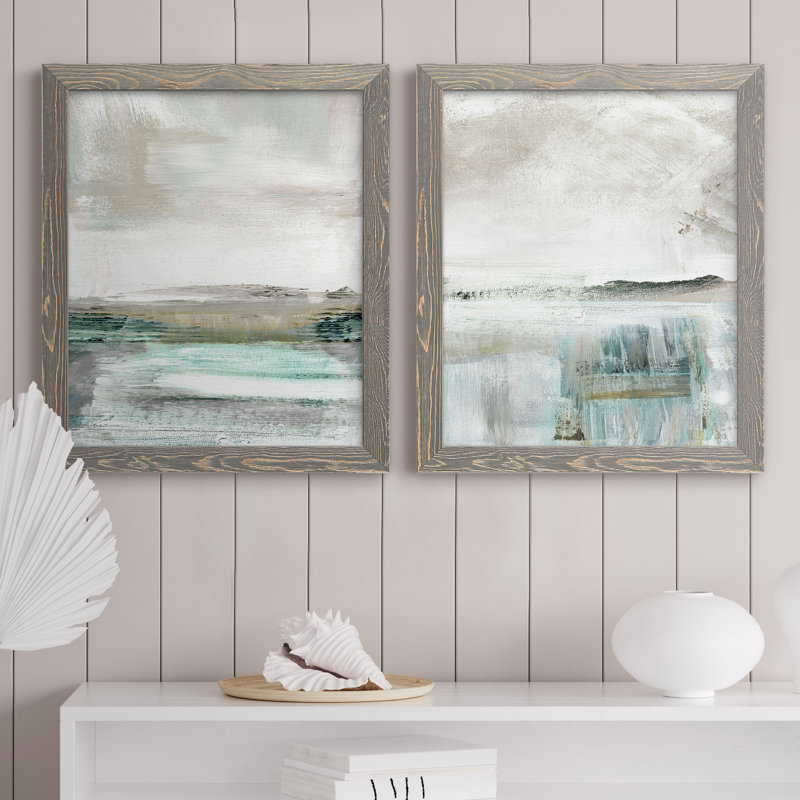 Summer Teal I - ensemble de 2 peintures sur toile encadrées, H 20 po x l 34 po x P 1,5 po, Encadré gris