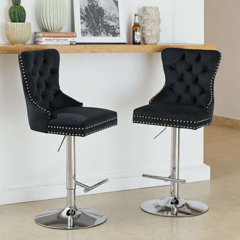 Set of 2 Black Velvet Adjustable Bar Stools, Swivel Chrome Base w/ Tufted Back & Diamond Pleating, 25-33" Height, Black
