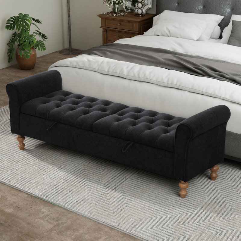 Banc de rangement rembourré capitonné avec double couvercle, Noir