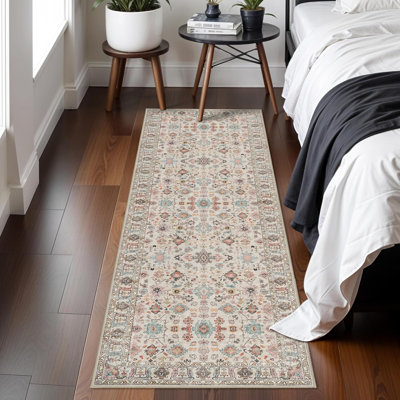Washable Runners for Hallways: Kitchen Runner Rugs with Rubber Backing Floral Non Slip Vintage Boho Long Carpet for Living Room Bedroom Bathroom Entryway (Beige/Colorful)