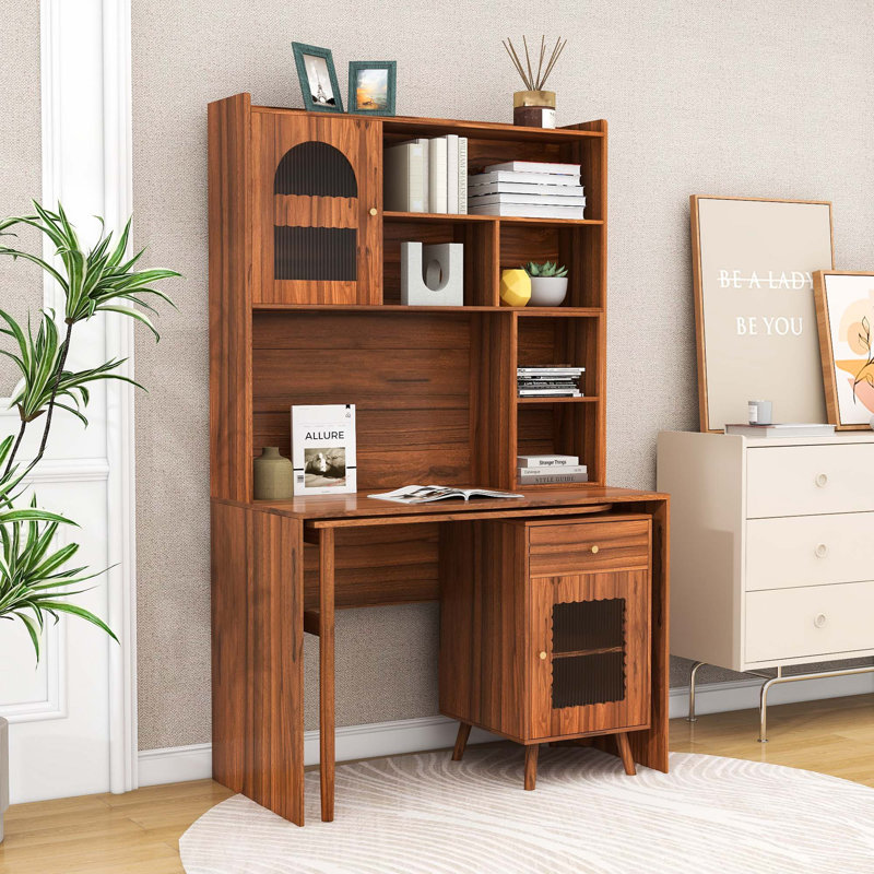 Bureau d'ordinateur avec tiroir de rangement, armoires et tablettes, Noyer