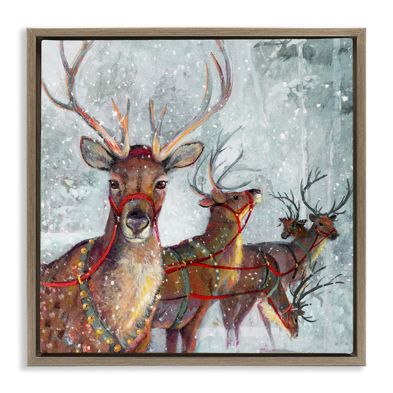 «Winter Reindeer Holiday Landscape», art mural sur toile flottant à grain brun par Ruane Manning, H 25 po x l 25 po