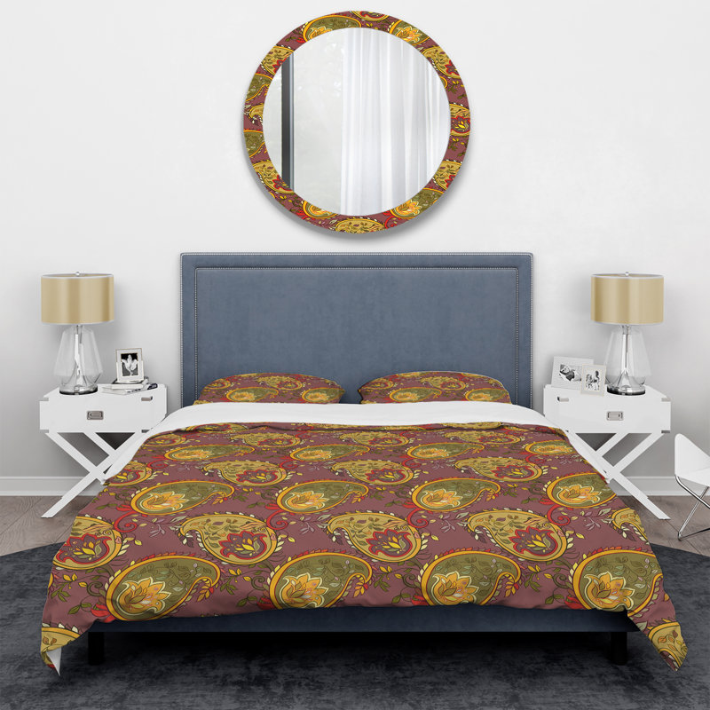 Ensemble de housse de couette à motif cachemire floral jaune et rose, Housse de couette pour grand lit et 2 taies décor