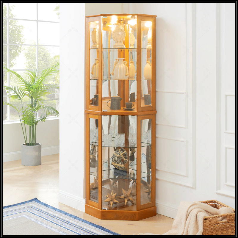6 Shelf Corner Curio Display Cabinet With Lights, Oak