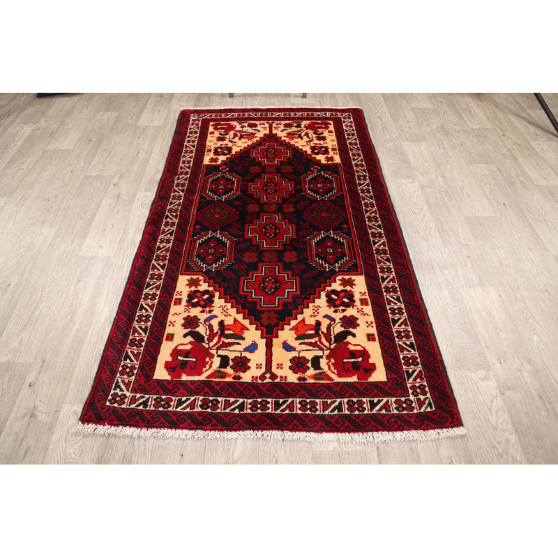 Tapis décoratif en laine noué à la main de conception unique New Age Balouch rouge/Ivoire 3 pi 5 po x 6 pi 1 po