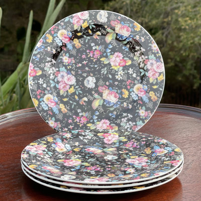 Ensemble de 4 assiettes à salade / désert noir Bone China Petite Rose Chintz