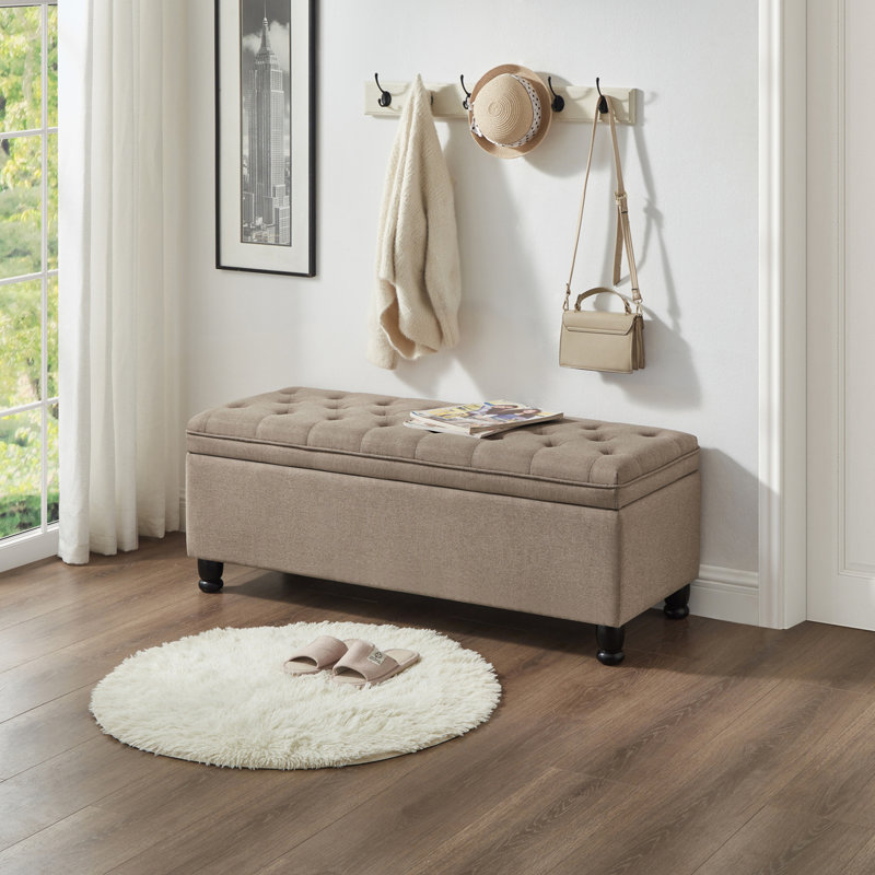 Upholstered tufted button storage bench, Linen