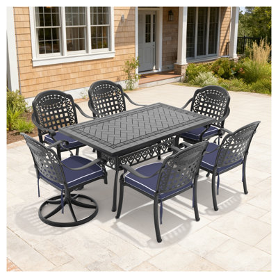 7-Piece All-Weather Cast Aluminum Outdoor Dining Set with 2 Swivel Chairs, Black