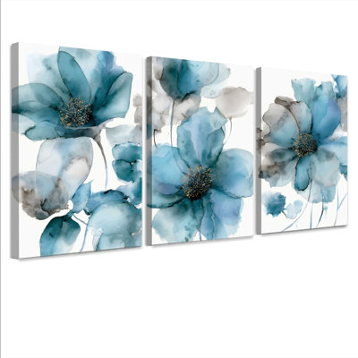Blue Floral Abstract Canvas Wrapped Wall Art, Watercolor Print (Set of 3)