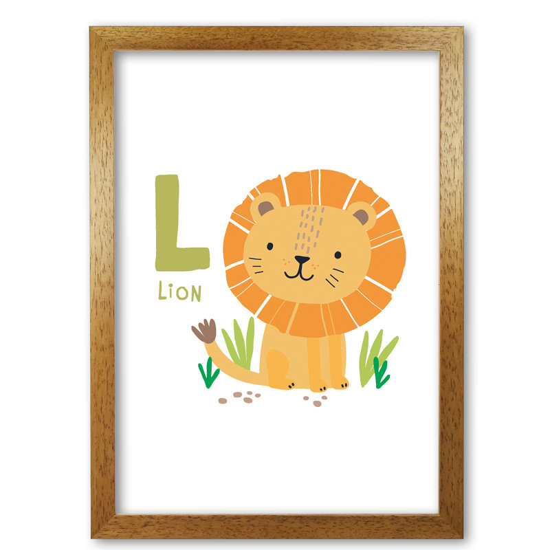 Alphabet Animals, L Is For Lion - Print, 30 cm H x 21 cm W x 5 cm D, Honey Oak Frame