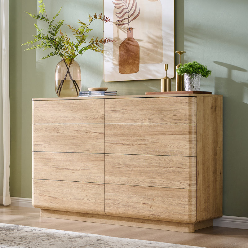 52"W Modern 8 Drawer Double Dresser, Wood Tall Chest of Drawers with Curved Profile Design, Natural Oak