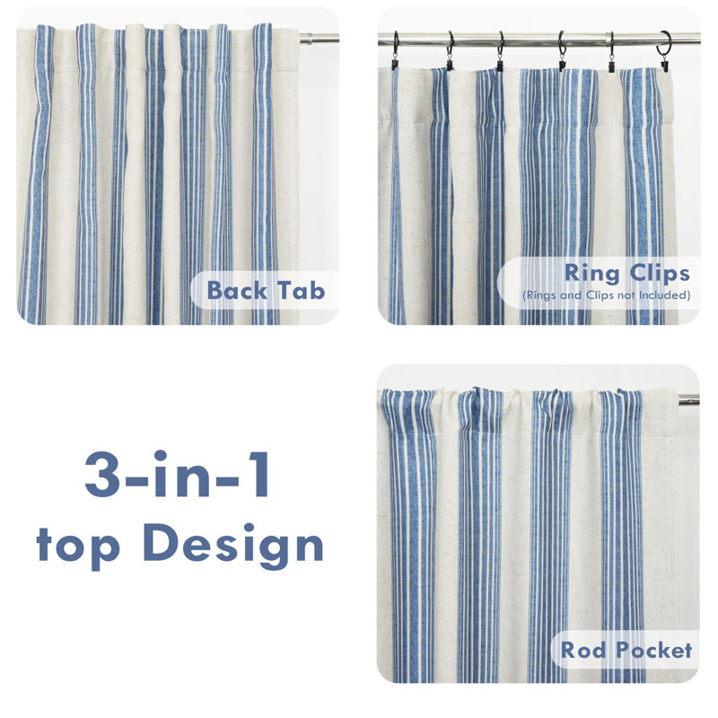 Chris Vertical Striped Linen Blend Lined Thermal Insulated Blackout Rod Pocket Back Tab Curtains, 52" W x 108" L, Jean Navy