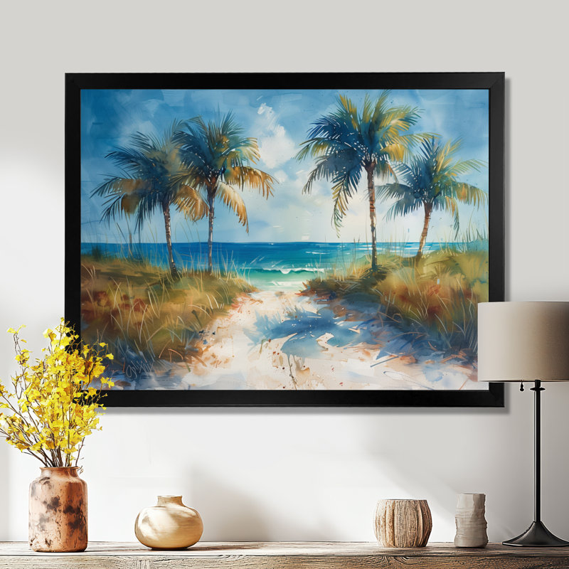 «Blue Green Palm Trees Coastal Breeze II - Palmiers et palmiers», reproduction d'art mural, Cadre simple noir