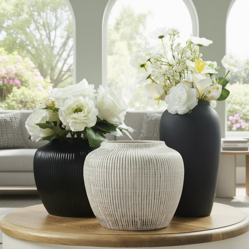 Ensemble de 2 vases ronds en céramique texturés à rayures noires de 5 pouces