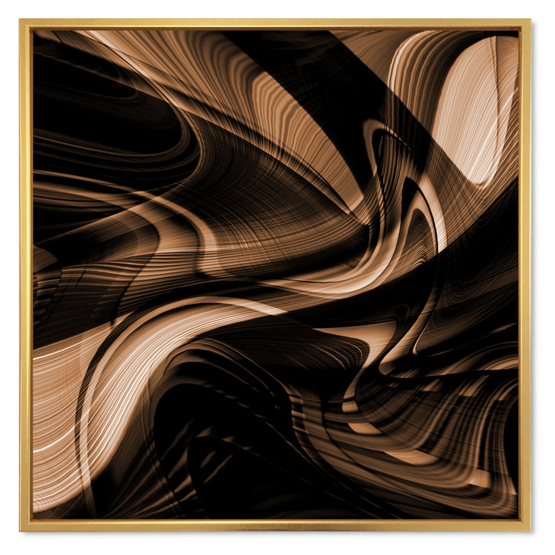 Art abstrait abstrait vague brune - art mural moderne sur toile, 44" H x 44" W, Cadre flottant doré