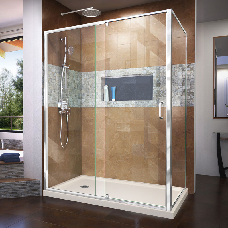Flex 60" W x 36'' D x 74.75" H Semi-Frameless Rectangle Shower Enclosure with Base Included, Chrome/Biscuit, Right