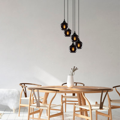 Industrial Scandinavian Chandelier, Fume Color, 19.7 x 19.7 inches | Adjustable Height 44.9 inches | Metal Body with Glass Cap, 5 x E27 Sockets (Max 40W) | Nostalgic Design for Modern Living Rooms & Dining Areas, IP20 Rated
