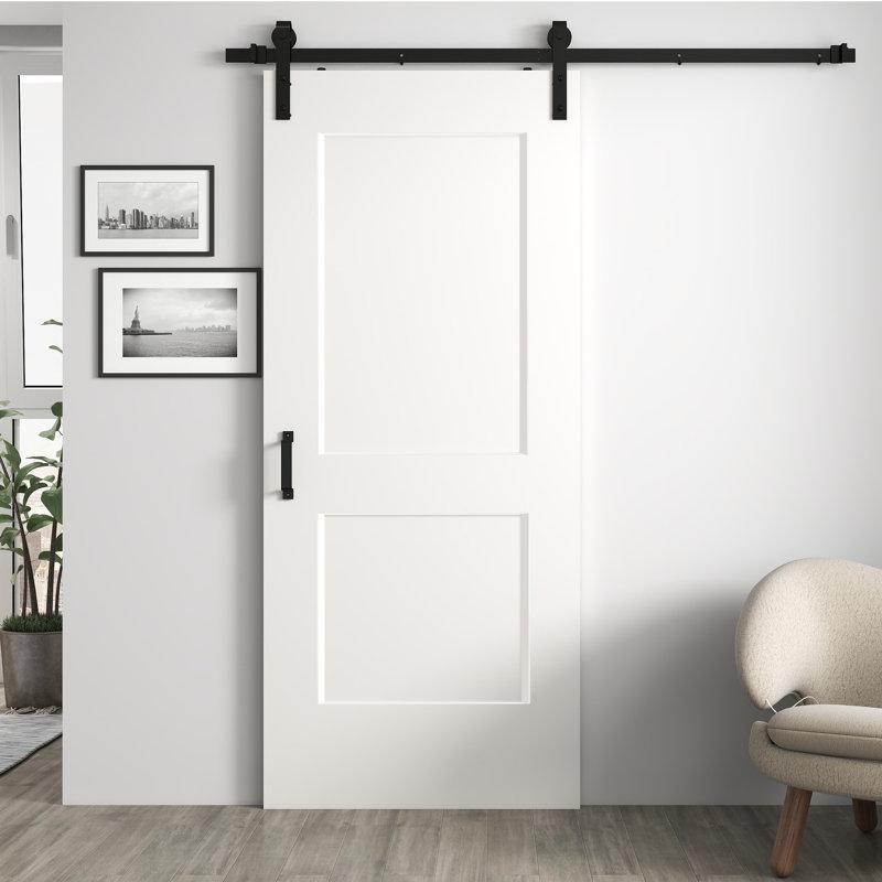 36"x84" Flat 2-Panel Smooth White Primed Solid Core Sliding Barn Door With Installation Hardware Kit (Door Slab Pre-assembled）