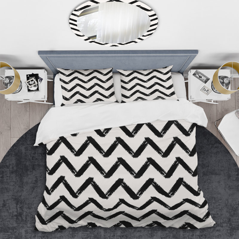 Chevron horizontal noir - ensemble de housse de couette abstrait - microfibre de polyester