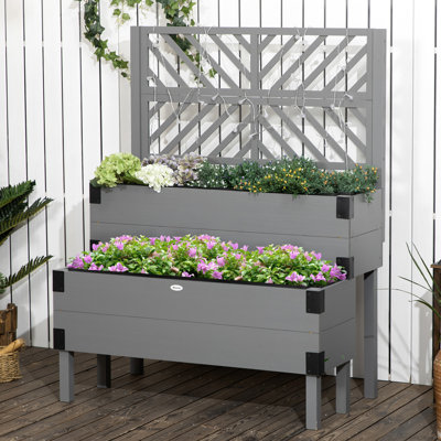 Pot à fleurs surélevé en bois avec treillis, 2 niveaux de gris - Cultivez des légumes abondants, de belles fleurs, une structure renforcée d'herbes, 2 lits de jardin surélevés pour cultiver des légumes, des côtés, de l'érosion du sol