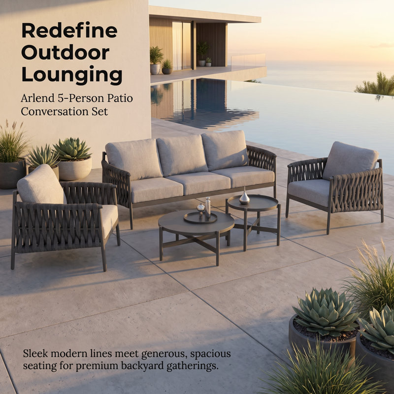 Arlend 5-Person Patio Conversation Set with Cushions, Gray Cushion/Black Frame