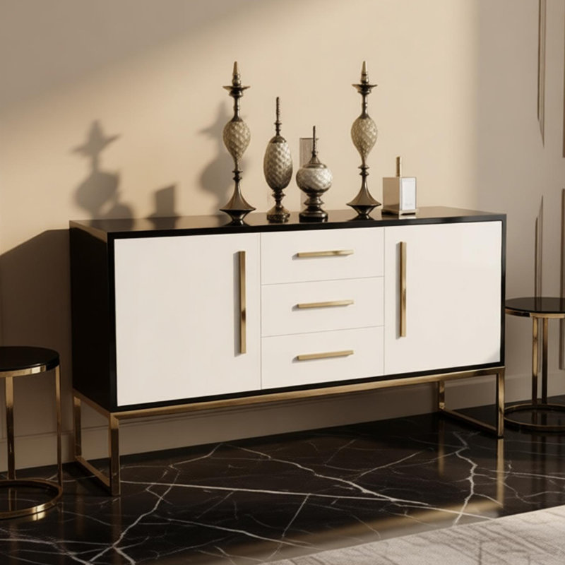 Armoire d'appoint avec rangement de style luxueux, H 33,46 po x l 70,86 po x P 15,75 po, Or / noir / blanc