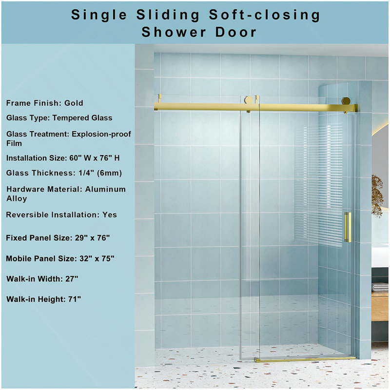Frameless Soft-Closing Shower Door, Tempered Glass Single Sliding Shower Door With Explosion-Proof Coating, Gold