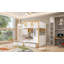 Lit superposé double au-dessus de double avec garde-corps en forme de maison et tablettes et tiroirs de rangement, blanc et naturel