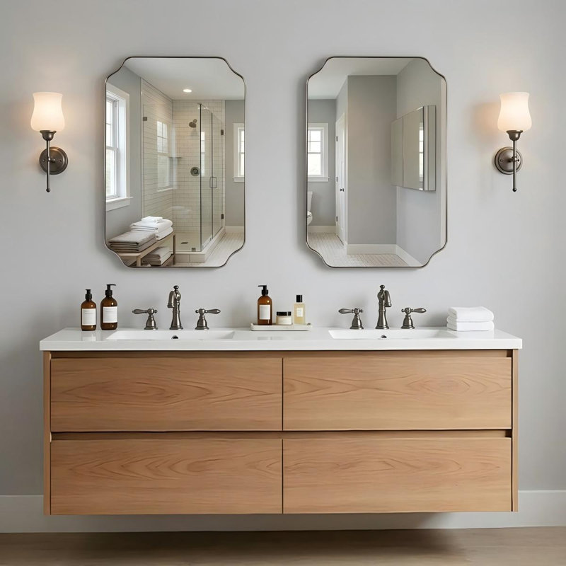 Miroir de salle de bain rectangulaire avec coins festonnés - Cadre en acier inoxydable, Nickel brossé, 36" x 24"