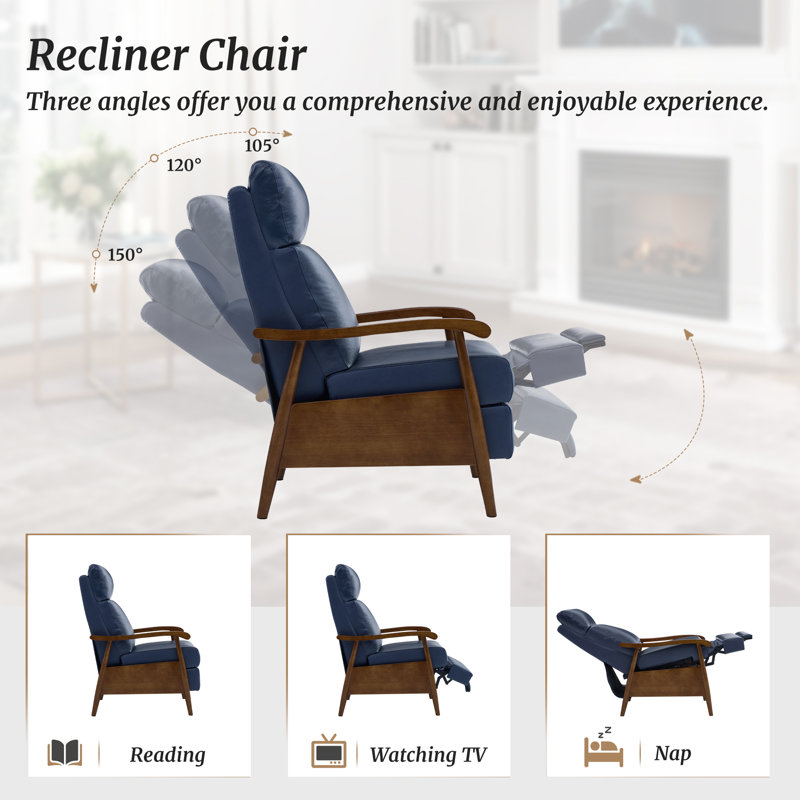 Genuine Leather Push Back Recliner Chair, Solid Wood Arm Mid Century Modern High Back Recliner, 3 Position Adjustable Manual Reclining Lounge Chair for Living Room Bedroom And Reading Nook