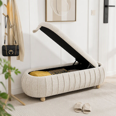 Banc de lit d'appoint capitonné de 140 cm de large avec couvercle rabattable et rangement intégré, repose-pieds ottoman en chenille avec pieds en bois d'hévéa