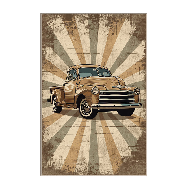Soft Plush Edens Vintage Pickup Truck Country Rustic Vintage Look Area Rug in Beige – Beige Binding, 7x10