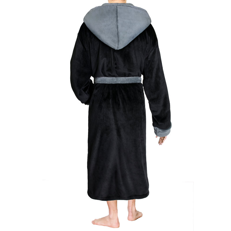 Yasmeli Fleece Mid-Calf Bathrobe with Pockets and Hood, Black/Gray