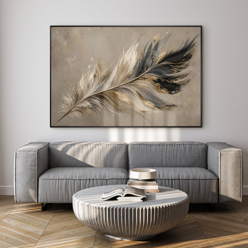 Très grand art mural imprimé sur tissu - Décoration de chambre à coucher botanique minimaliste plume brun clair - "Assemblage requis (cadre non fini)"